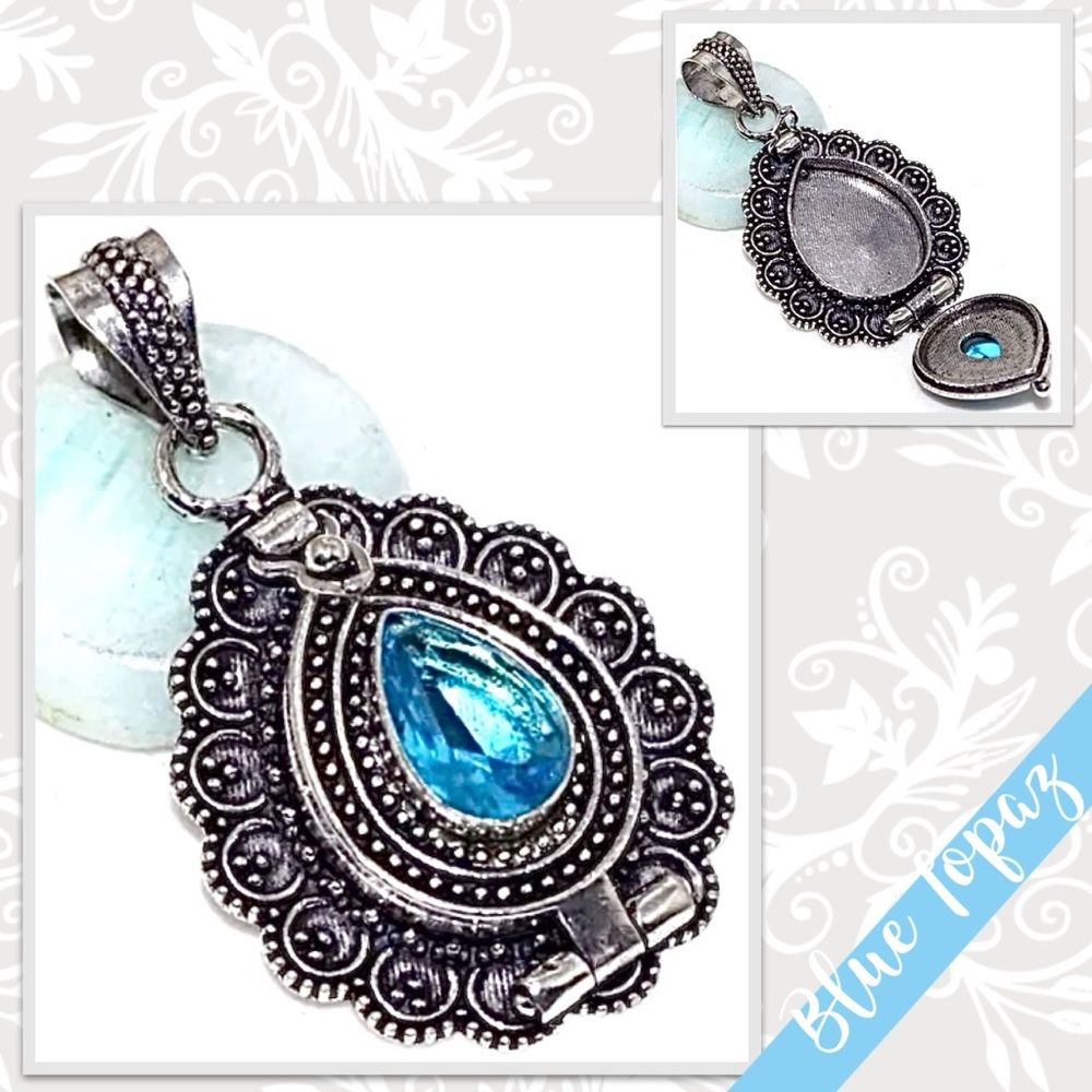 Blue Topaz Eclectic Silver Artisan Poison Pendant, 2” (Turquoise Blue)